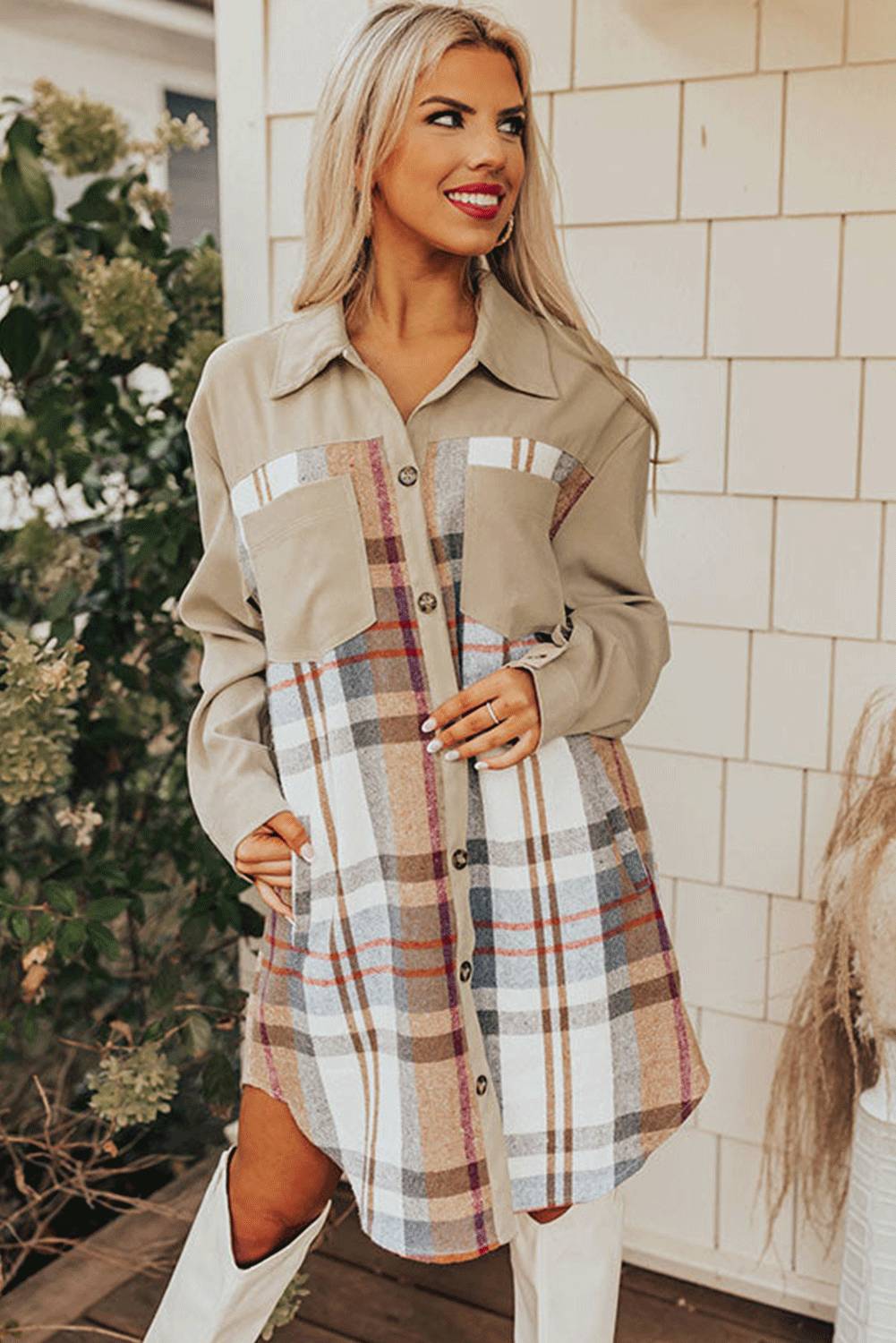 Beige Plaid Women's Shirt Dress