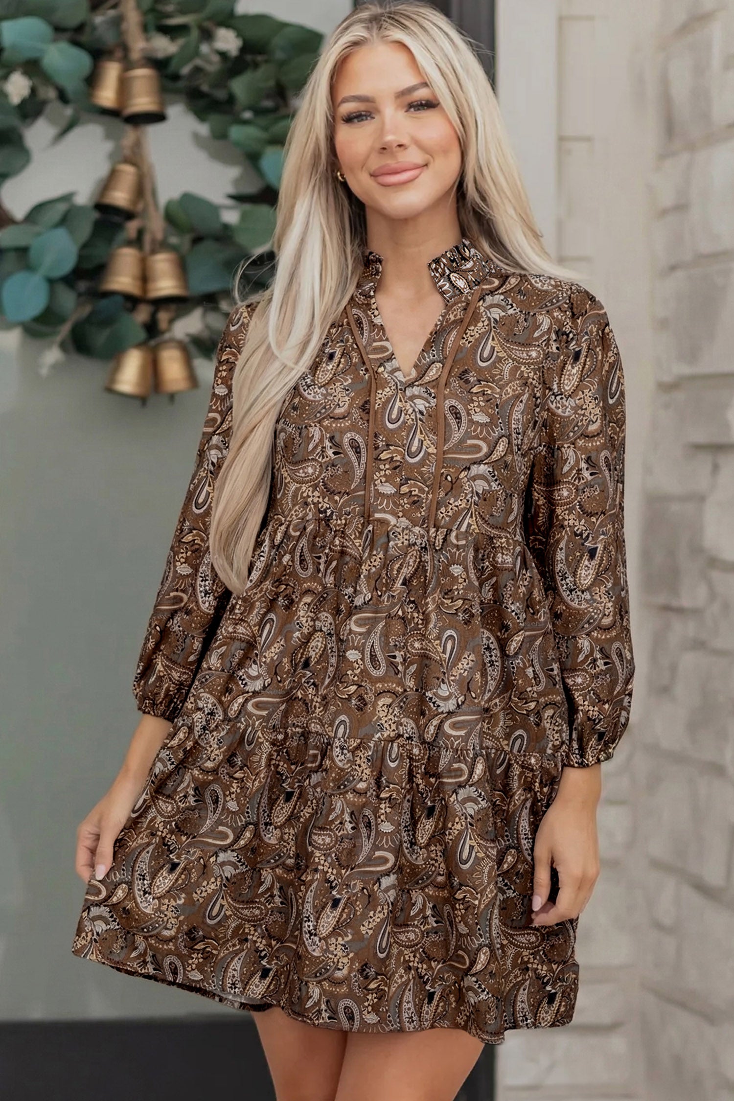Women's cotton dress with paisley print in brown