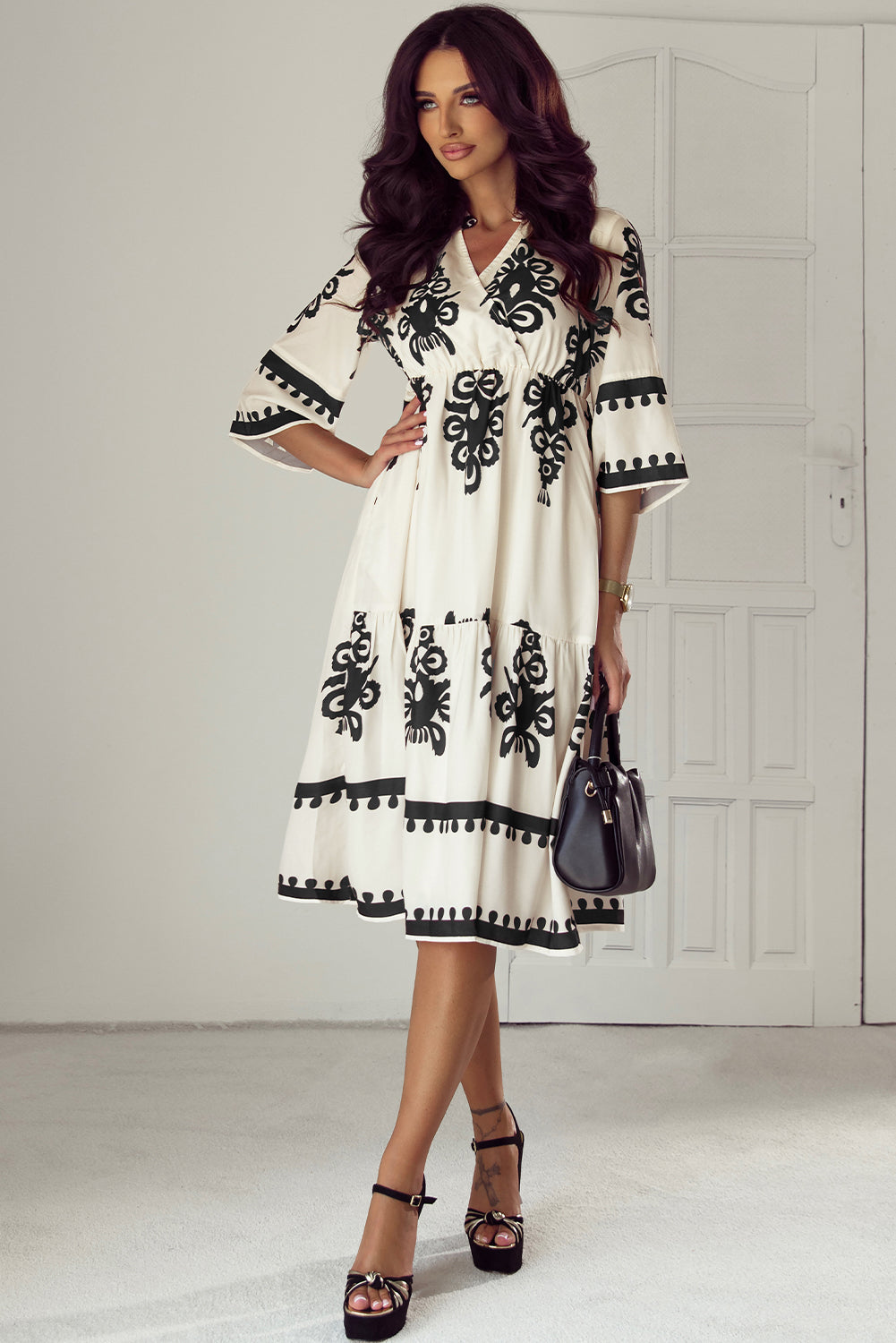 ethnic midi dress Beige Midi Dress with Black Ethnic Print
