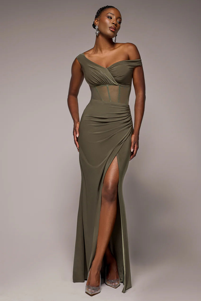 Long elegant khaki GODDIVA dress with corset waist and slit Edinstvena Long elegant khaki GODDIVA dress with corset waist and slit Edinstvena