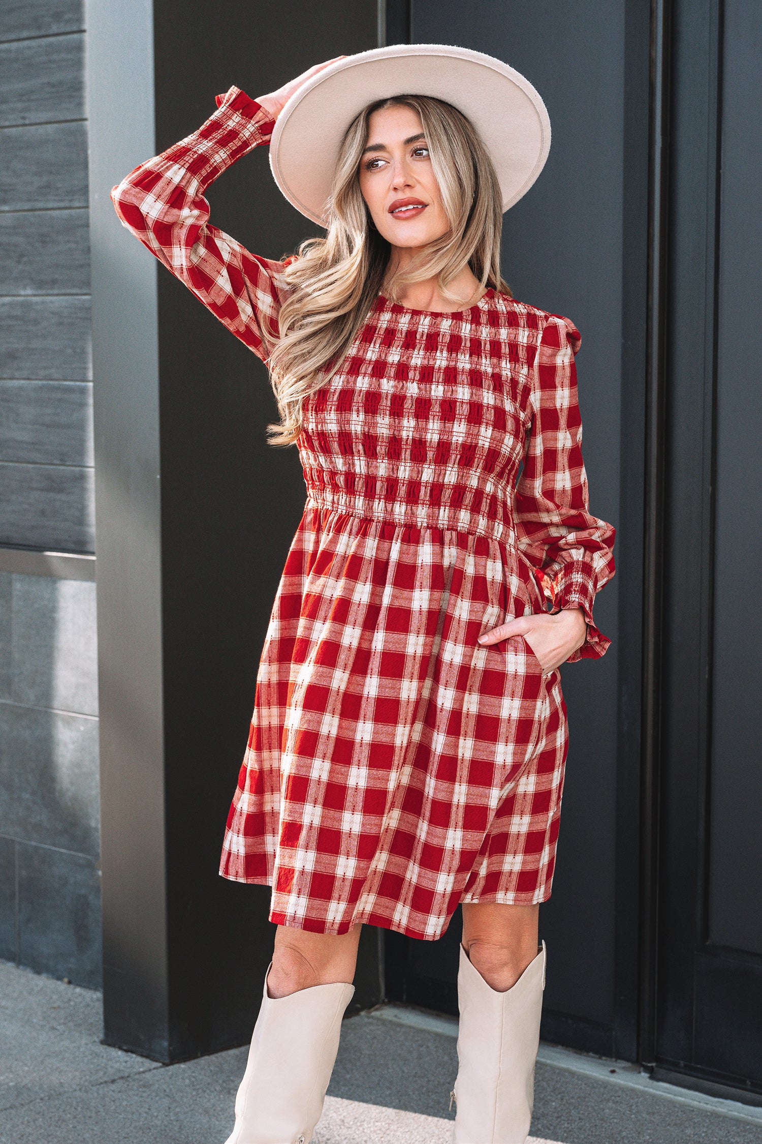 Red plaid mini dress with gathered waist and puff sleeves