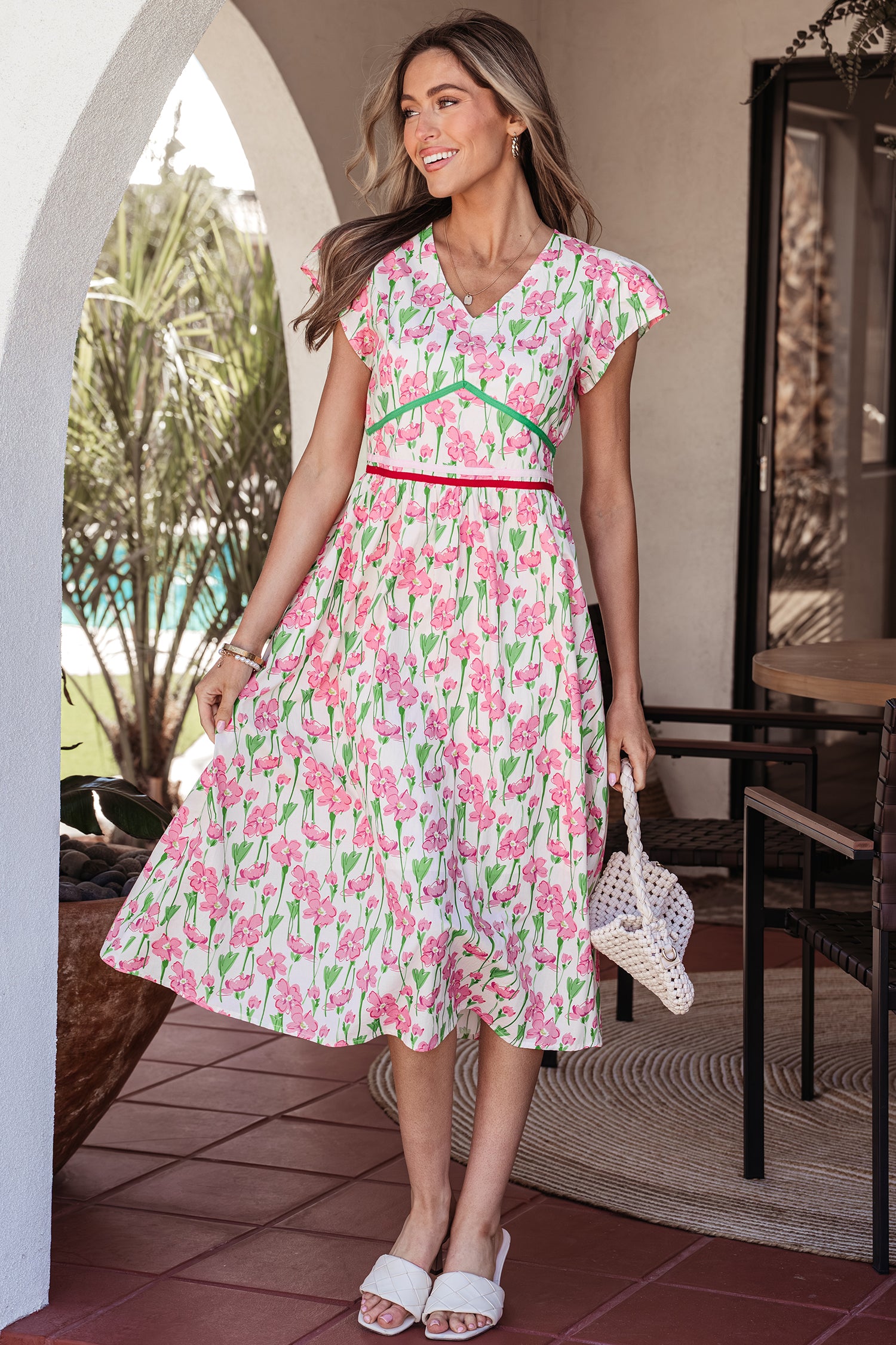 Cotton midi dress with floral print in pink and green  Edinstvena