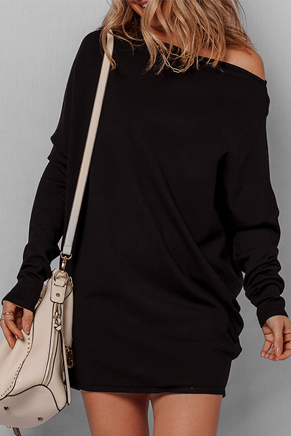 asymmetrical sweater dress Black with batwing sleeves nav-190 Help!!! Large bust and May be worn with Primary color:Purple