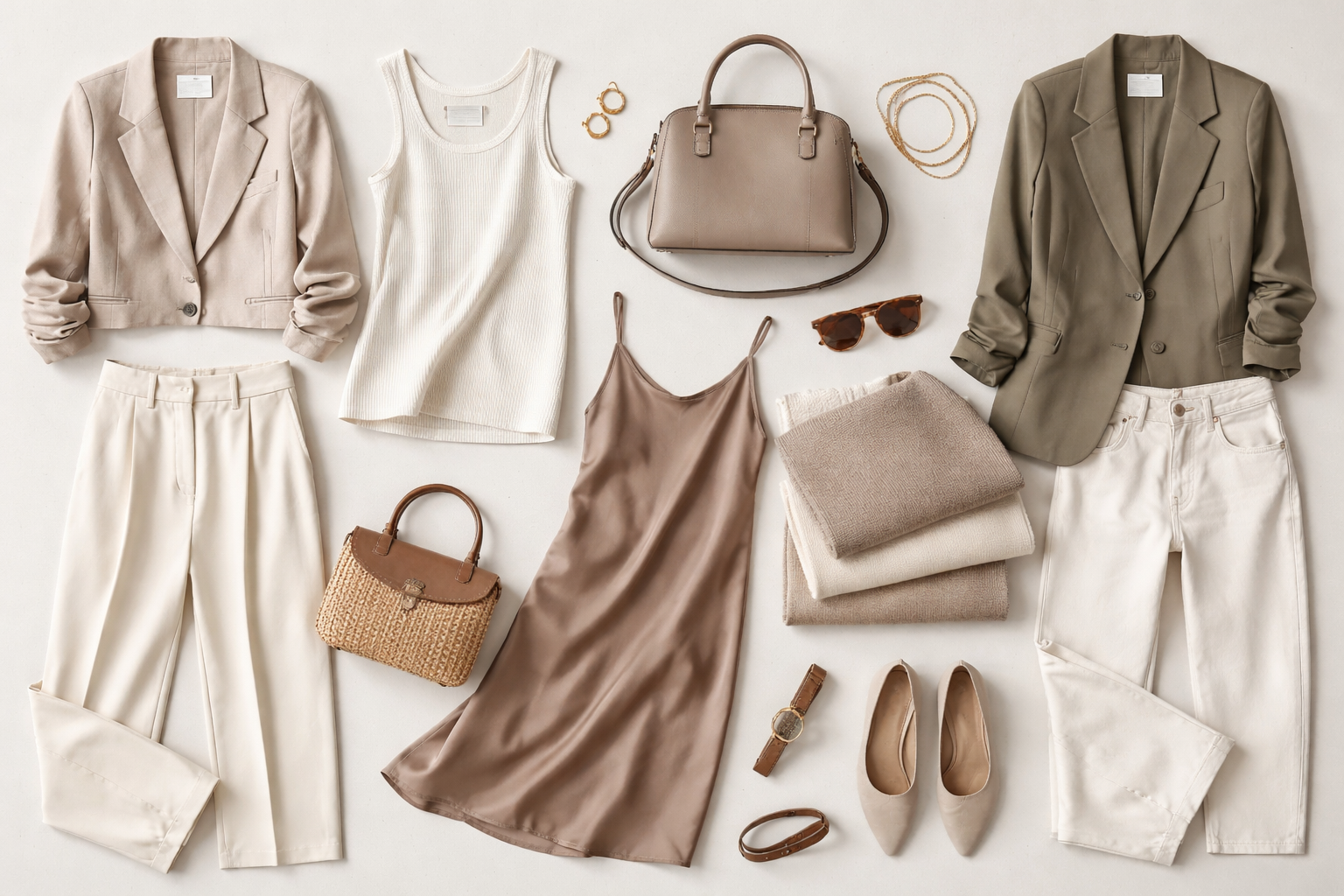 Flat lay of neutral women's clothing, blazers, trousers, dress, handbags, shoes, and accessories.