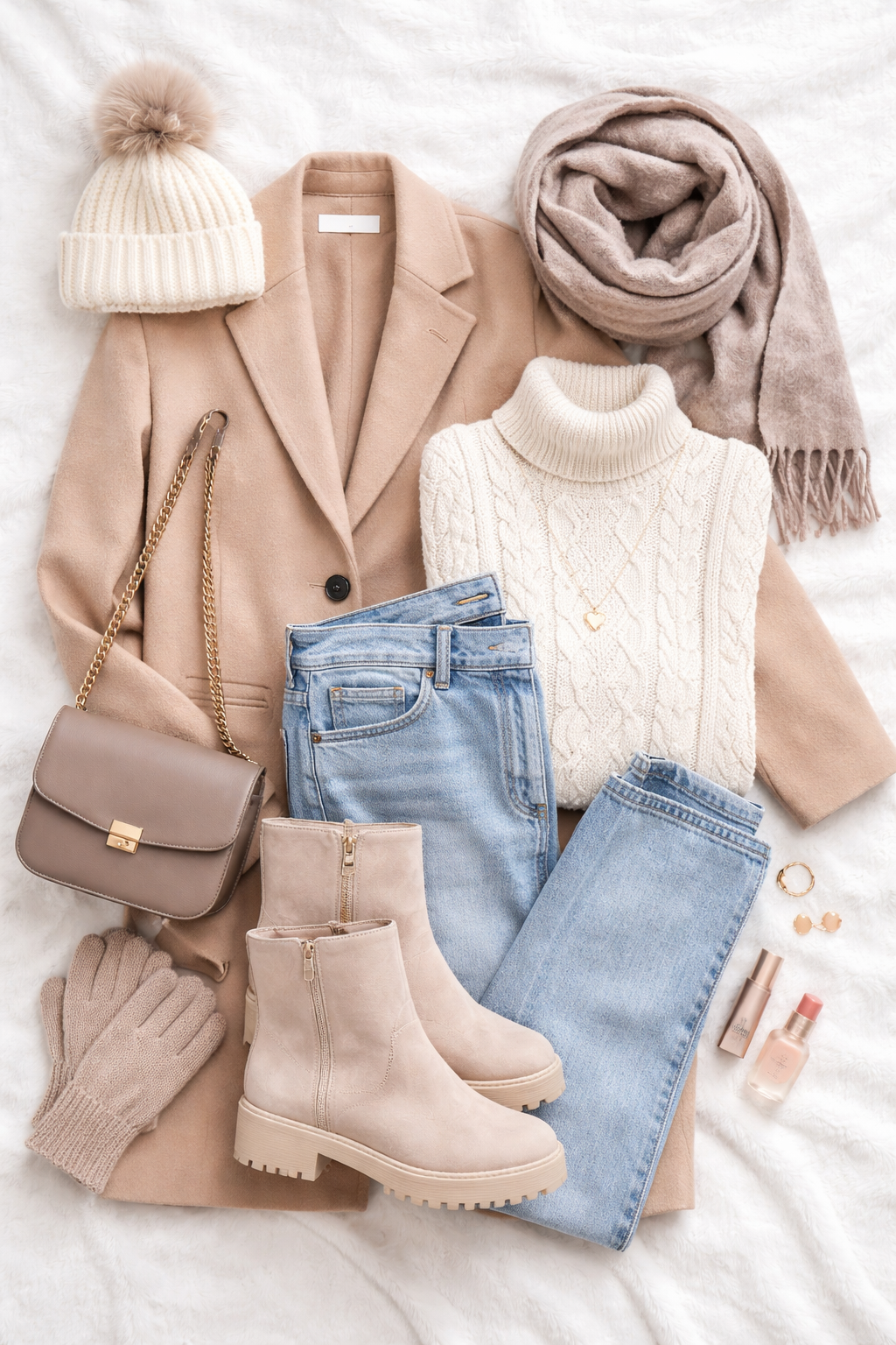 Flat lay of beige winter coat, cream turtleneck sweater, blue jeans, boots, knit hat, scarf, gloves, taupe handbag, and accessories.