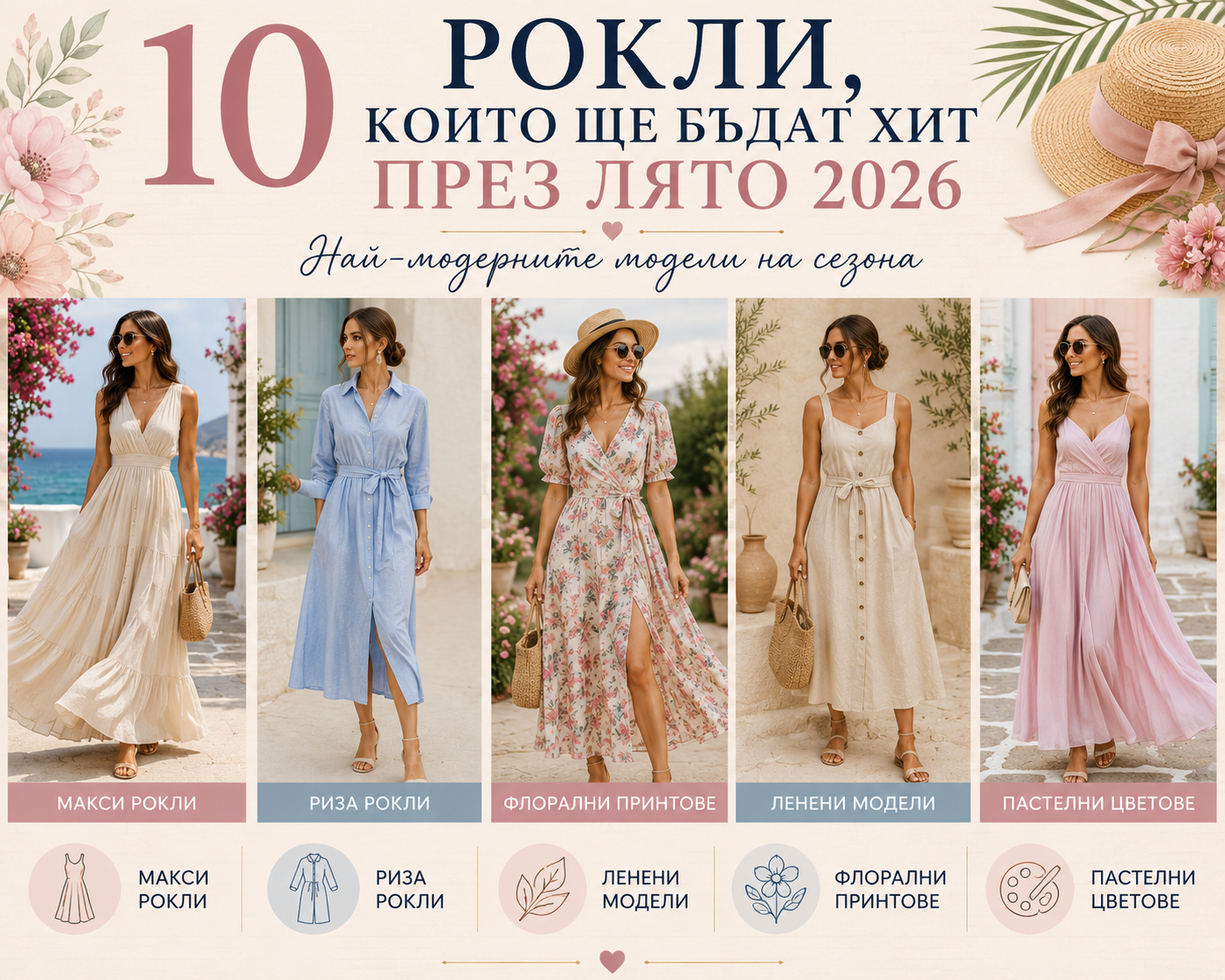 10 рокли, които ще бъдат хит през лято 2026 - модерни дамски рокли, включително макси рокли, риза рокли, ленени модели, флорални принтове и рокли в пастелни цветове.