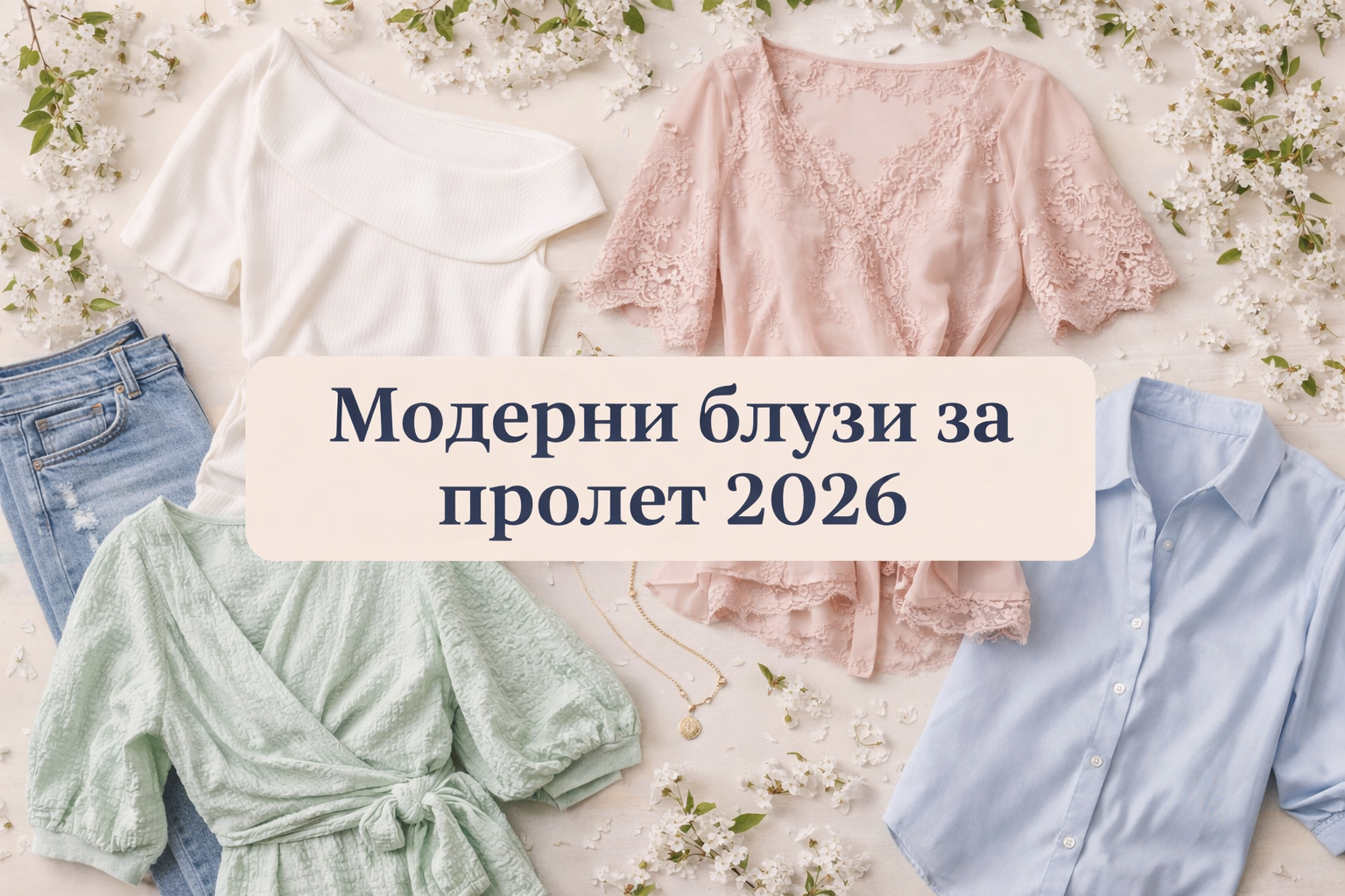 Trendy women's blouses for spring 2026 in pastel colors with floral accents, flat lay.
