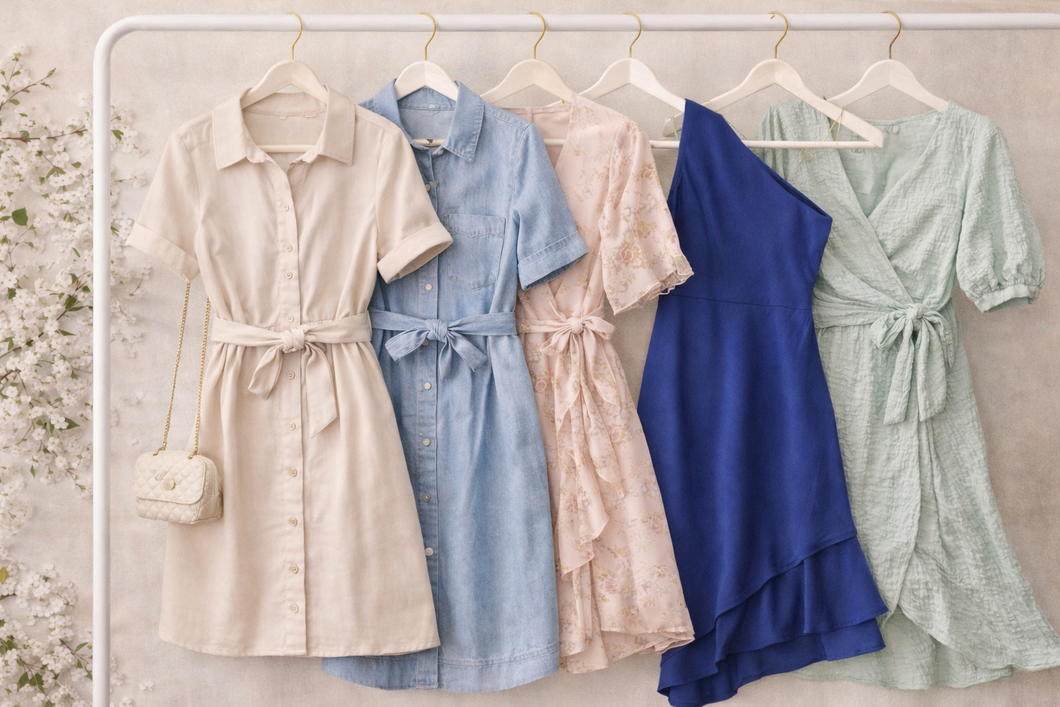Five stylish summer dresses in light pastel and blue colors hanging on a rack