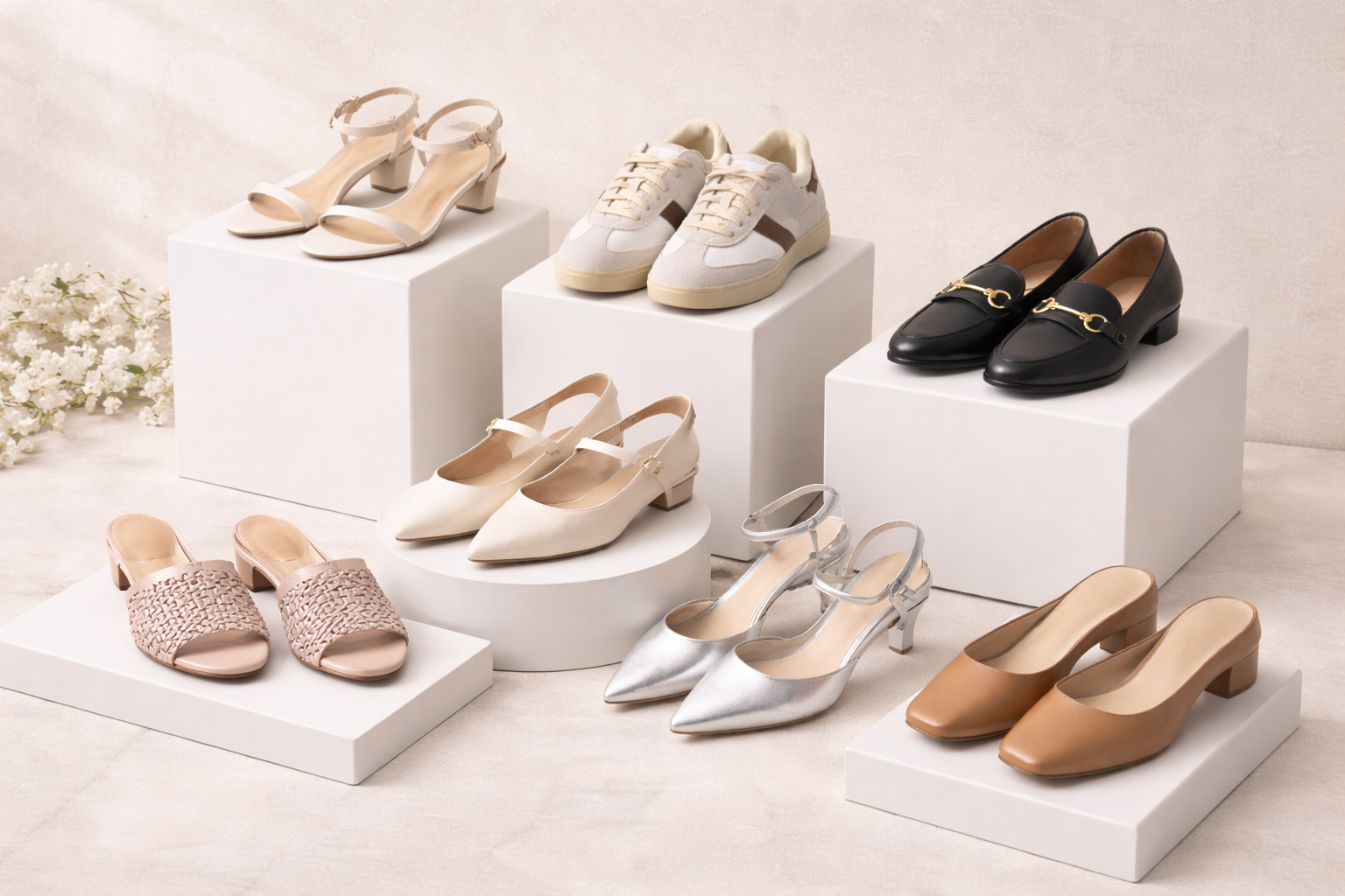 Elegant women's shoes collection with sandals, loafers, ballet flats, sneakers, and heels.