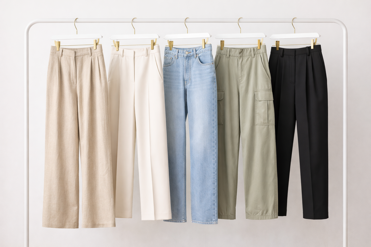 Five pairs of women's trousers in beige, cream, light blue denim, khaki cargo, and black hanging on a clothing rack