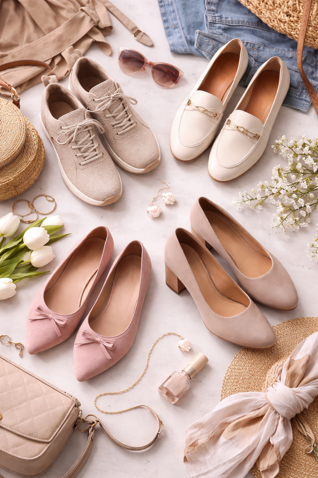 Flat lay of women's beige and pink shoes with accessories, bags, sunglasses, flowers, and fashion items.