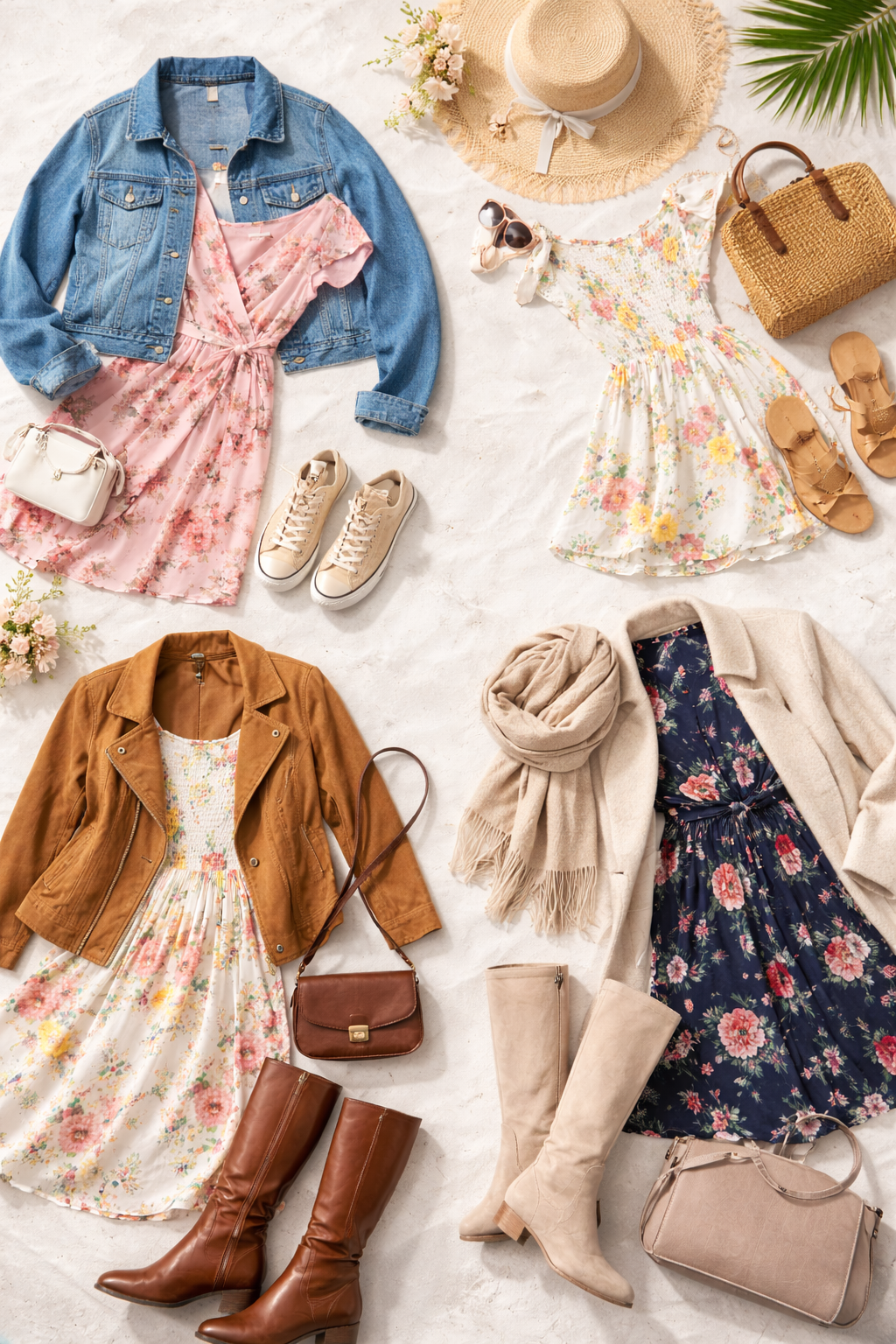 Flat lay of women's spring and fall outfits with floral dresses, denim and suede jackets, hats, boots, sandals, and handbags on a light background.