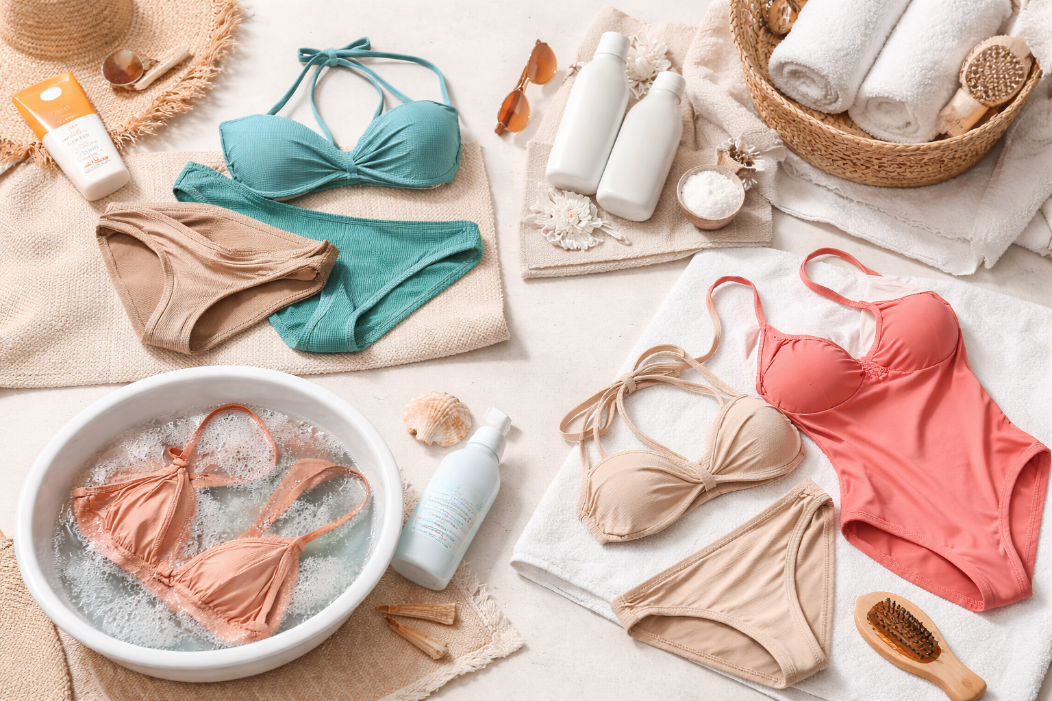Assorted swimsuits, bikinis, and spa accessories on a neutral background, summer essentials