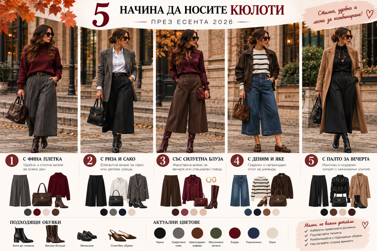 Пет есенни визии с кюлоти – с фина плетка, риза и сако, силуетна блуза, деним и яке и палто за по-елегантна вечерна визия.