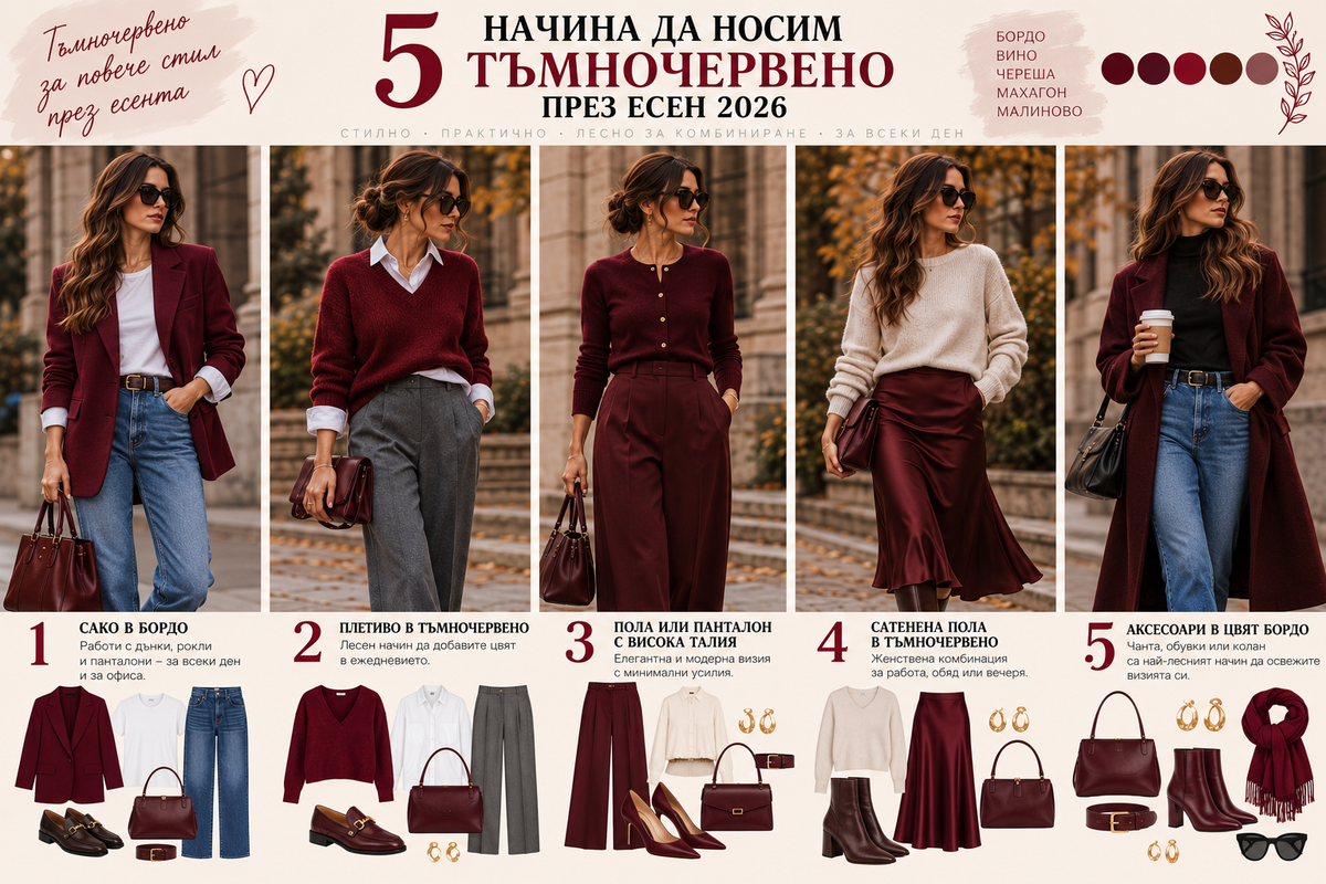 Пет есенни визии в тъмночервено – сако, плетиво, панталон с висока талия, сатенена пола и аксесоари в бордо.