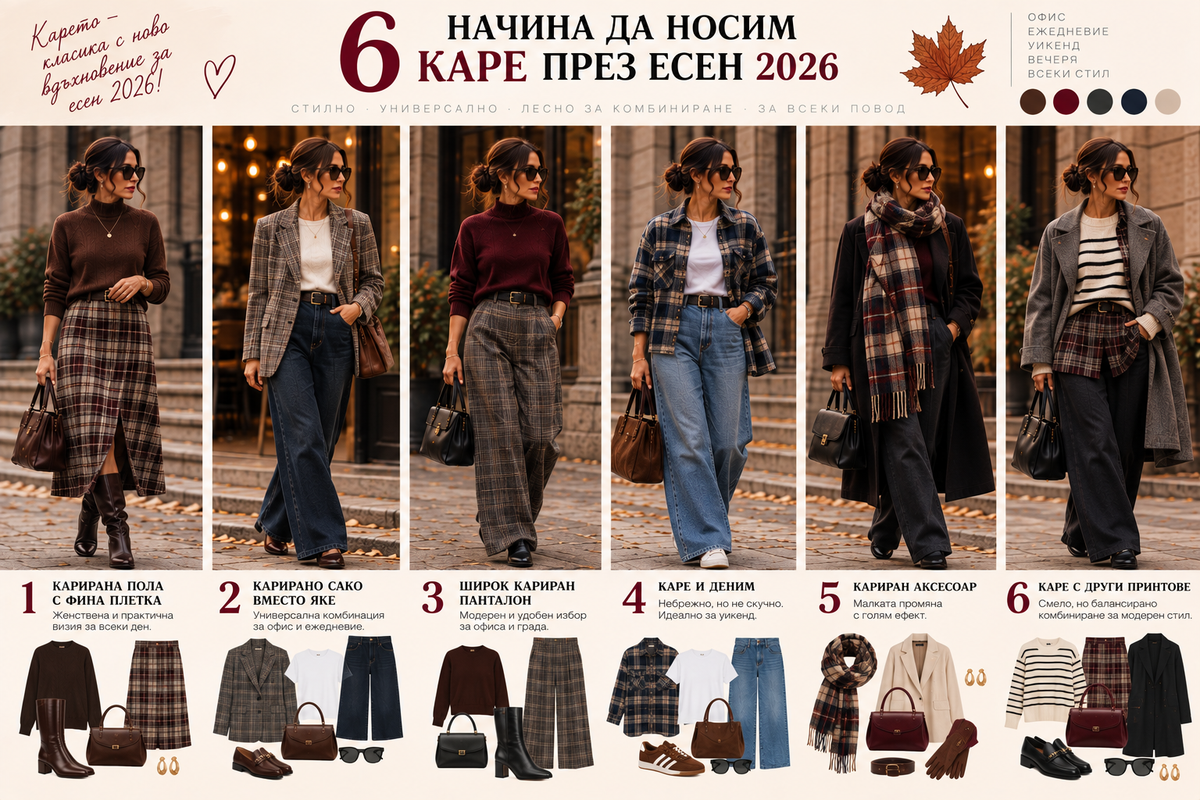 Шест есенни визии с каре – карирана пола с фина плетка, карирано сако, широк кариран панталон, комбинация с деним, кариран аксесоар и каре с други принтове.