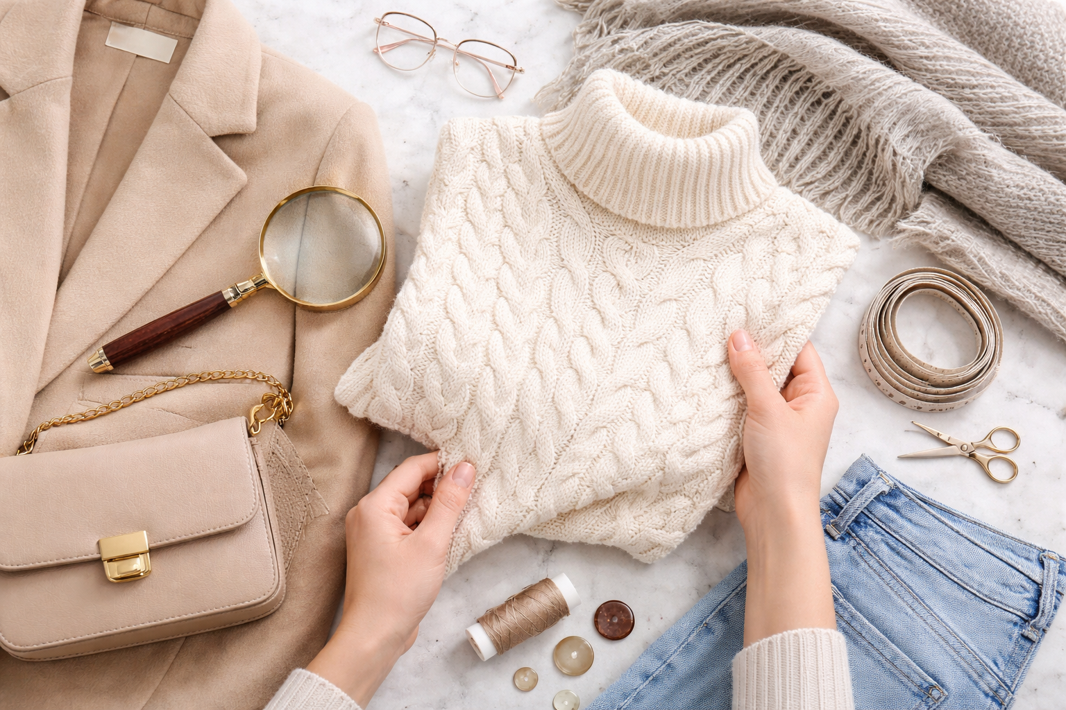 Flat lay of cozy beige knit sweater, coat, handbag, jeans, and tailoring accessories on a marble surface