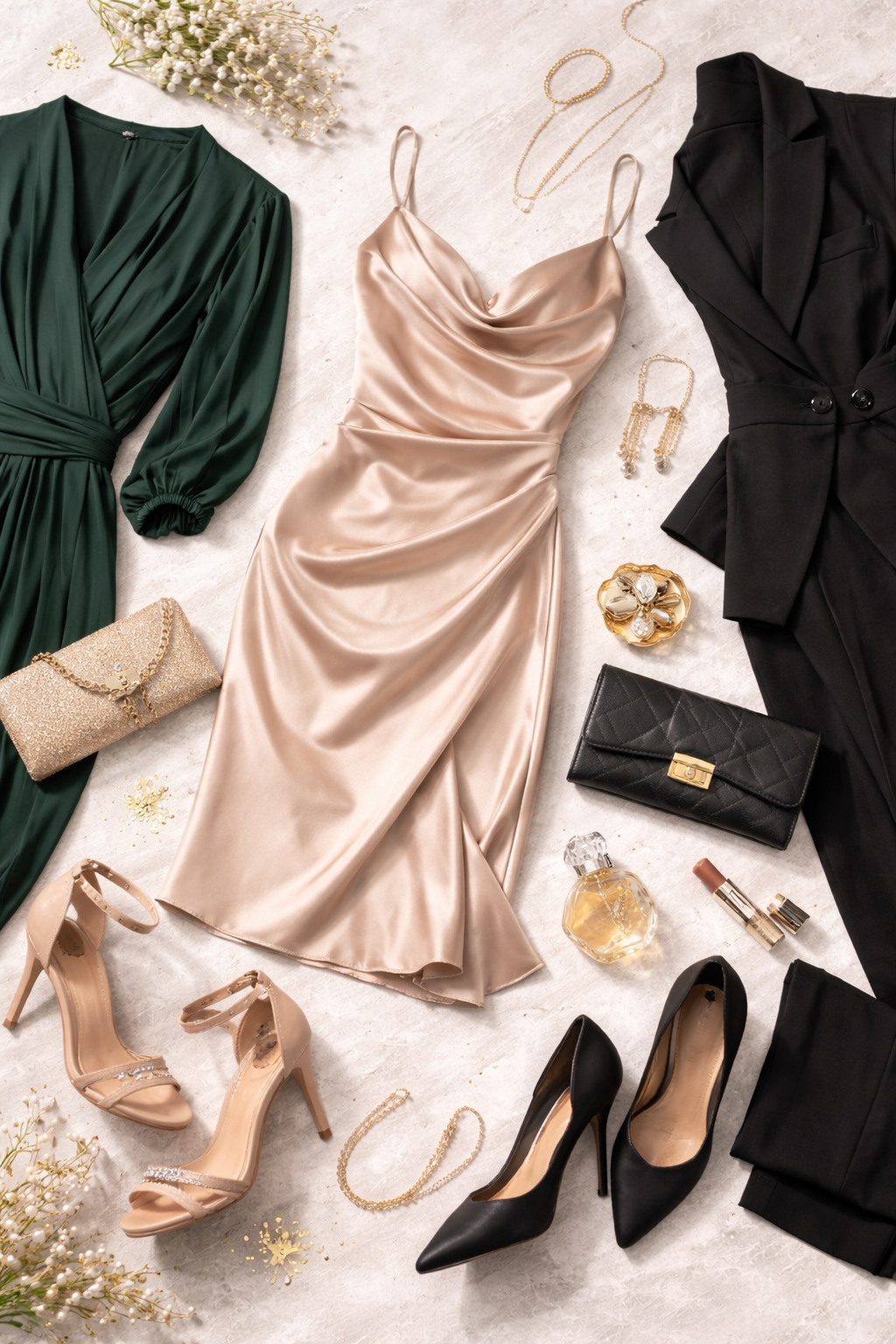 Flat lay of elegant women's fashion including a satin dress, blazer, heels, clutch bags, and jewelry.