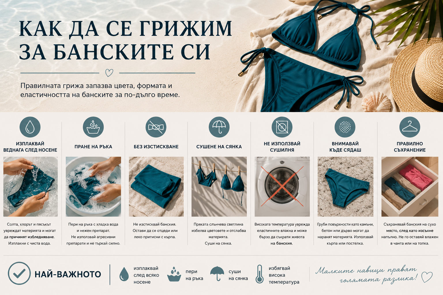 Инфографика как да се грижим за банските с основни стъпки като изплакване след носене, пране на ръка, избягване на изстискване, сушене на сянка и правилно съхранение за запазване на формата и цвета