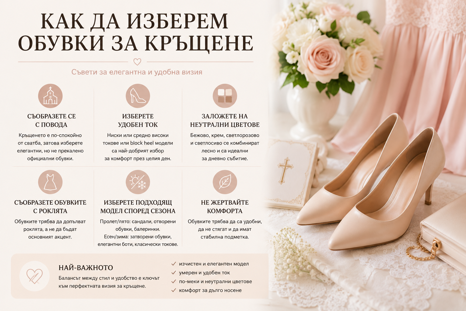 Инфографика за избор на обувки за кръщене с основни съвети за удобен ток, неутрални цветове, съобразяване с роклята и сезона, показваща елегантни дамски обувки в пастелни тонове