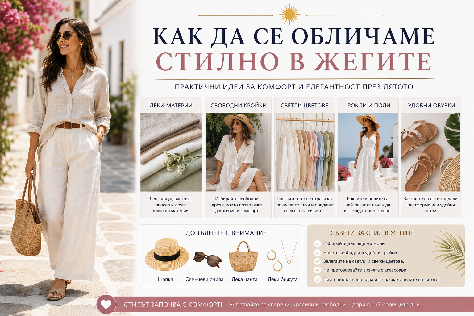Как да се обличаме стилно в жегите - дамска лятна визия с ленени дрехи, светли цветове, удобни сандали и модни съвети за комфорт и елегантност през горещите летни дни.