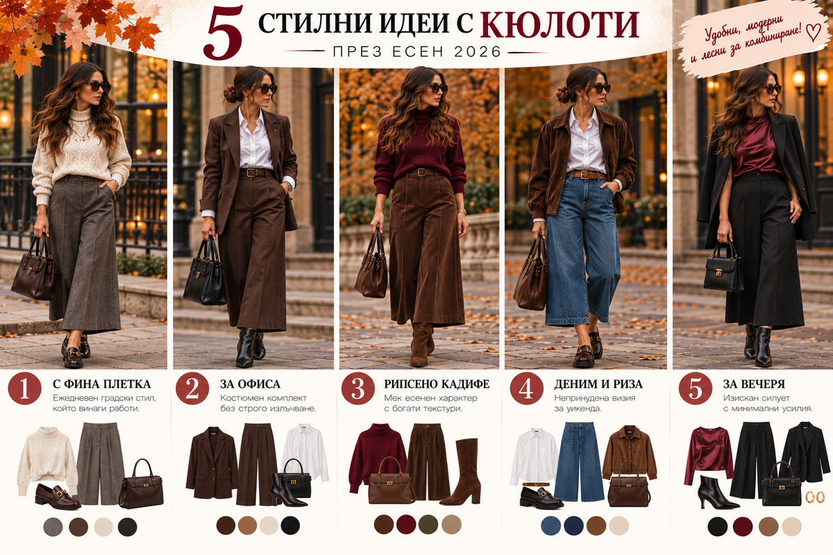 Пет есенни визии с кюлоти - с фина плетка, костюмен комплект за офиса, рипсено кадифе, деним и риза и елегантна вечерна комбинация със сатен.