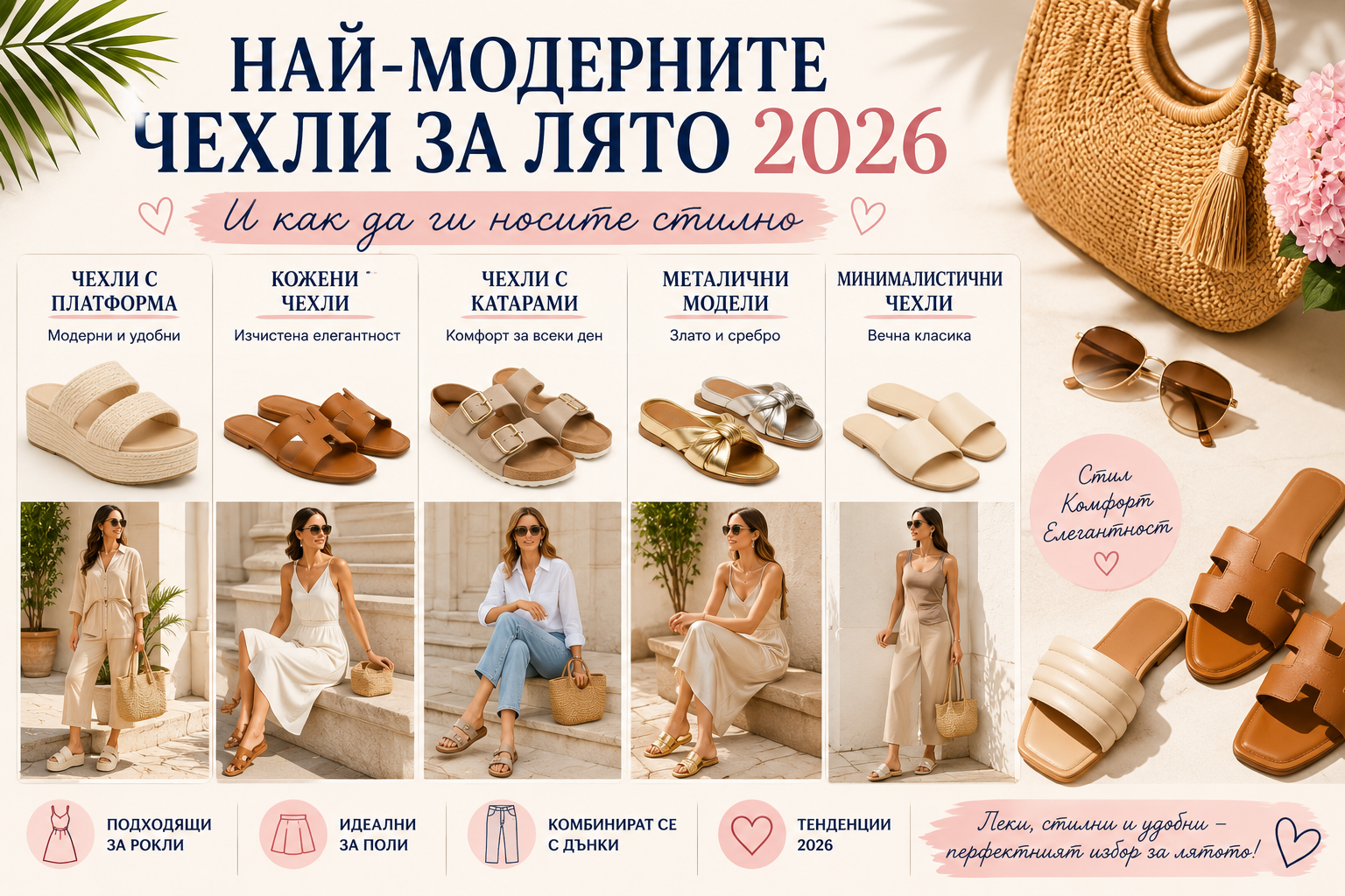 Най-модерните дамски чехли за лято 2026 – чехли с платформа, кожени модели, чехли с катарами и минималистични летни обувки, комбинирани със стилни дамски визии.