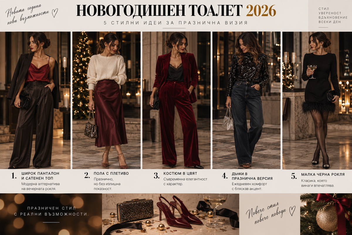Пет стилни дамски новогодишни визии с широк панталон, сатенена пола, цветен костюм, дънки и малка черна рокля.
