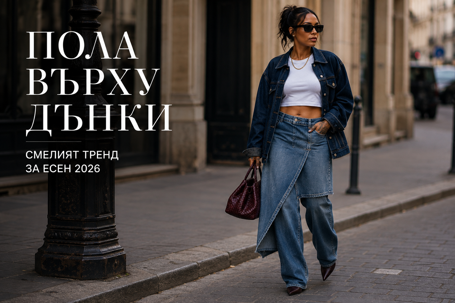 Жена с деним пола върху дънки, бяла тениска и бордо чанта в модерна градска визия за есен 2026.