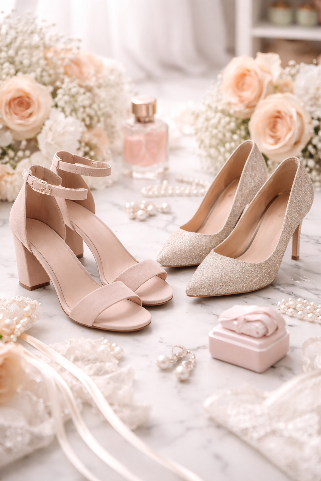 Elegant bridal shoes with pearls, perfume, and blush rose flowers on a marble table