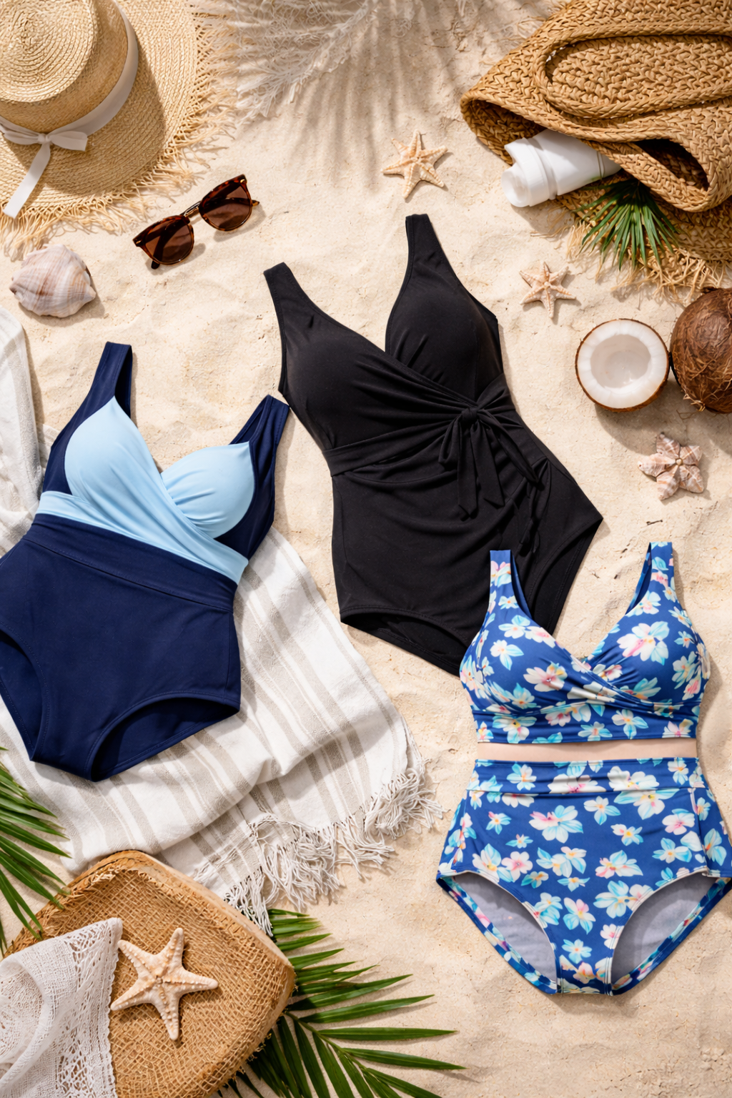 Women's one-piece swimsuits in blue, black, and floral patterns on sandy beach with summer accessories