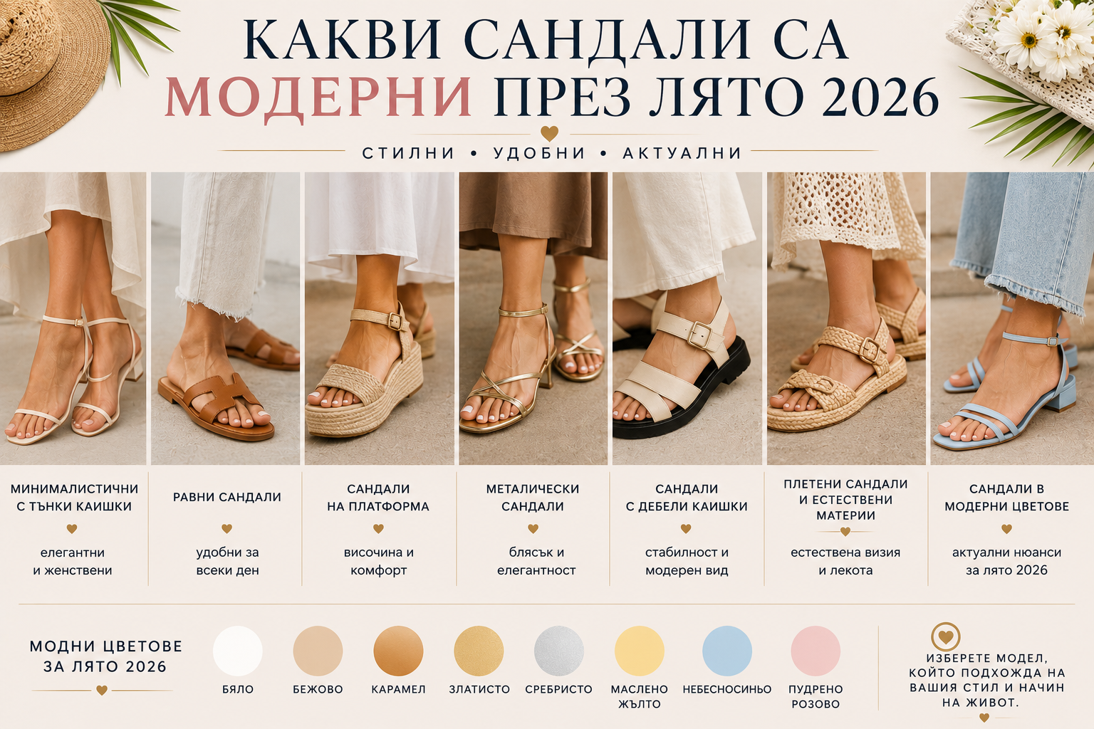 Какви сандали са модерни през лято 2026 - дамски равни сандали, платформи, металически сандали, плетени модели и минималистични сандали в бежово, бяло, златисто и пастелни цветове.