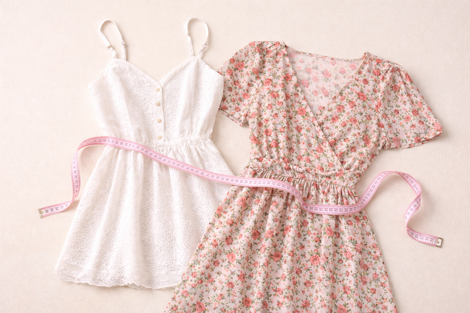 Two women dresses flat lay with measuring tape for choosing the right dress size online