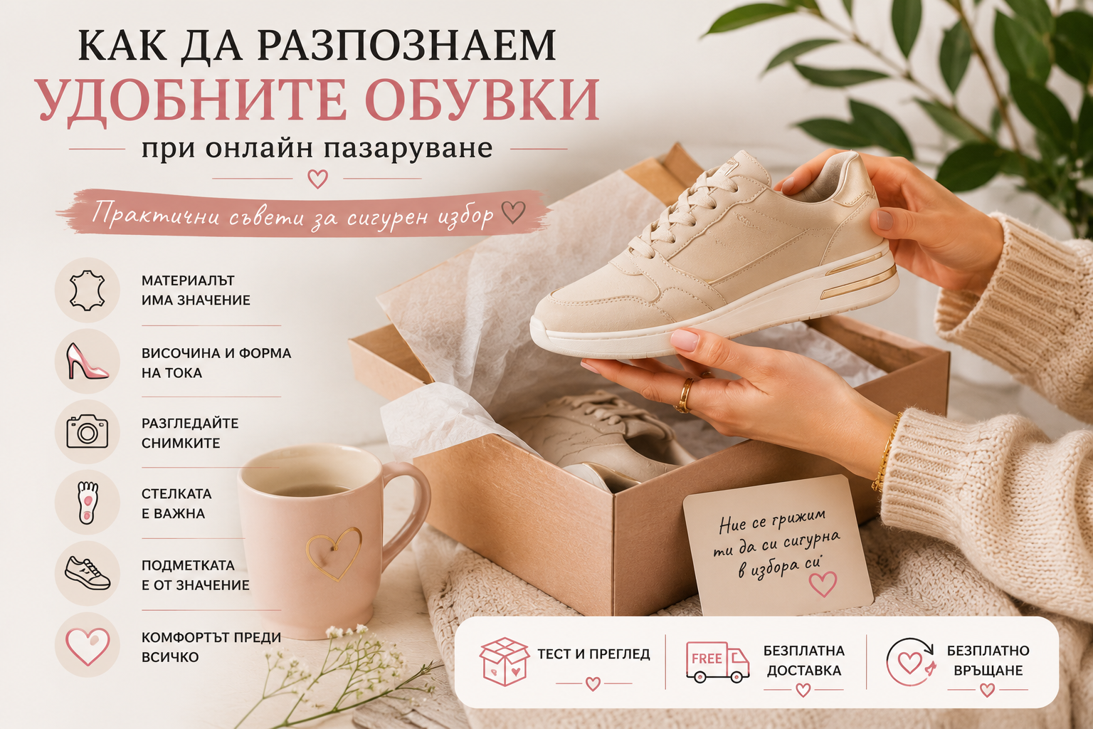 Как да разпознаем удобните обувки при онлайн пазаруване - жена преглежда обувки у дома, с акцент върху качествени материали, удобна стелка, стабилен ток и комфортна подметка.