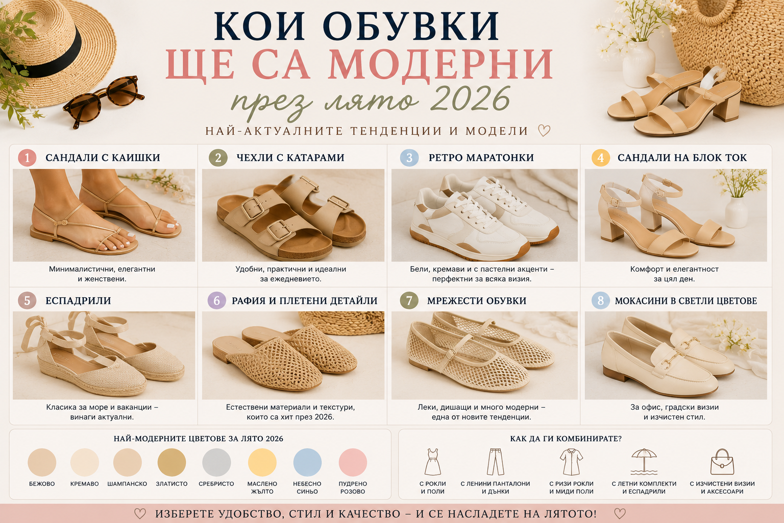 Най-модерните дамски обувки за лято 2026 - сандали с каишки, чехли с катарами, ретро маратонки, еспадрили и елегантни обувки в бежови и пастелни цветове, съчетани с актуалните летни модни тенденции.