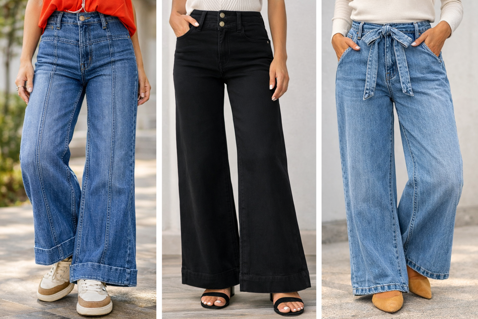 Women modeling wide leg jeans in blue denim, black denim, and with tie waist.