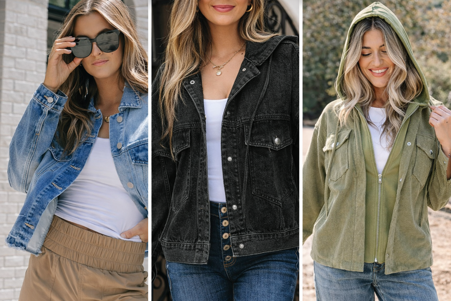 Three women modeling casual jackets: light blue denim, black denim, and olive green hooded jacket.