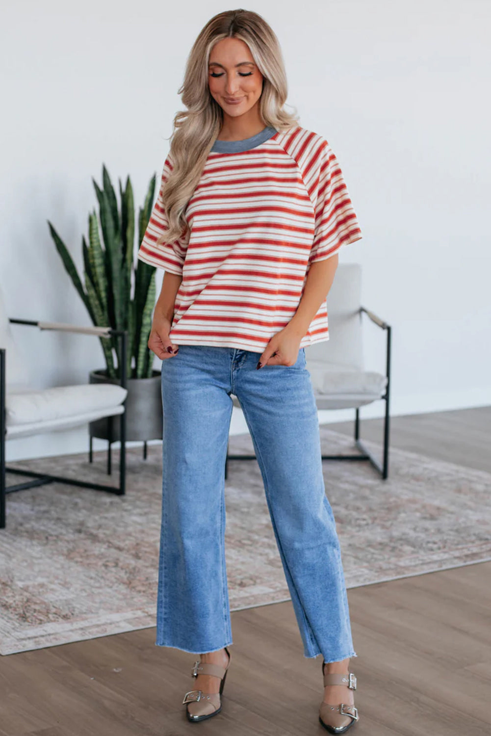 Tomato Red Stripe Print Contrast Collar Raglan Sleeve T-Shirt