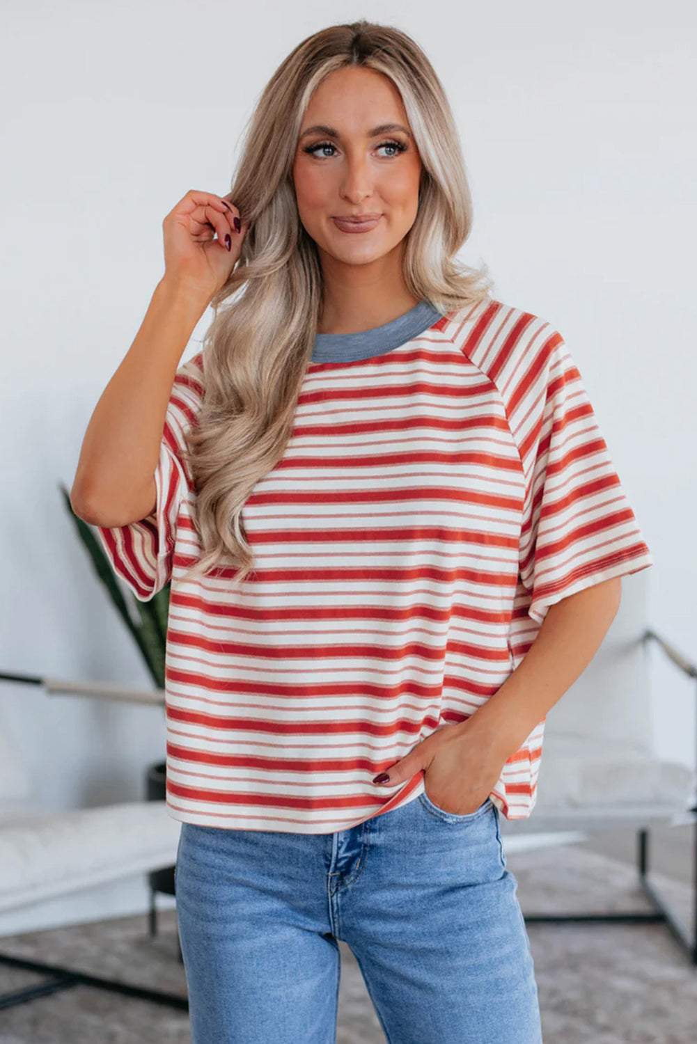Tomato Red Stripe Print Contrast Collar Raglan Sleeve T-Shirt