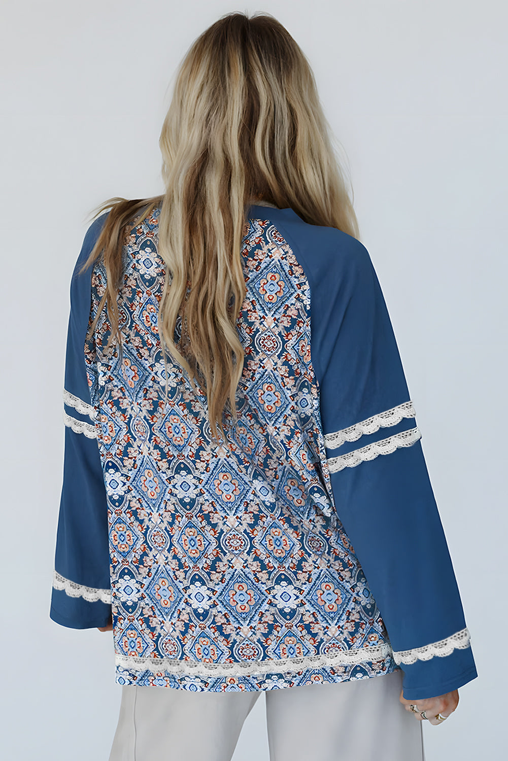 Blue Geometric Printed Lace Patchwork Ric Rac Raglan Long Sleeve Top 
