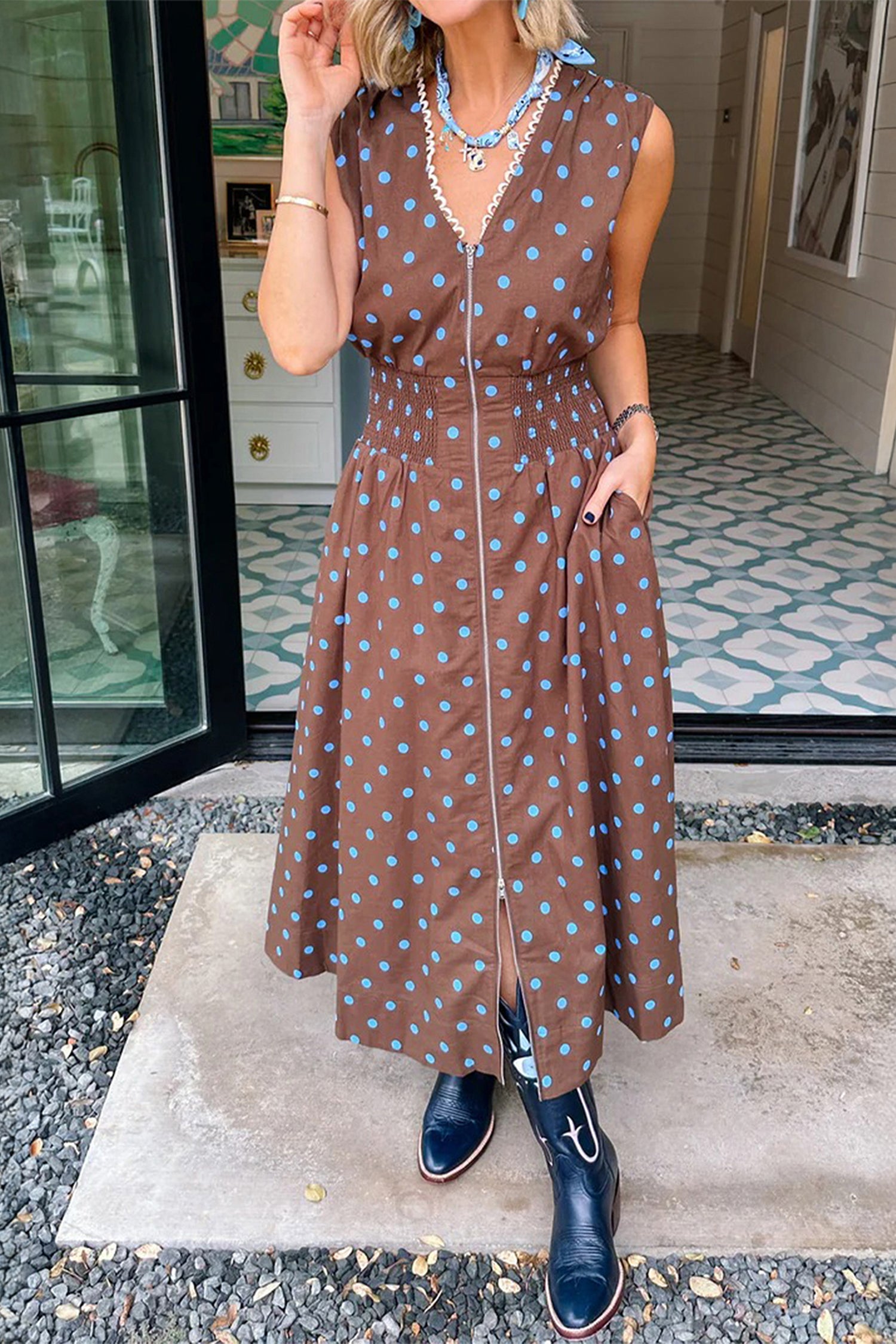 Brown dress with blue polka dot print and front zipper