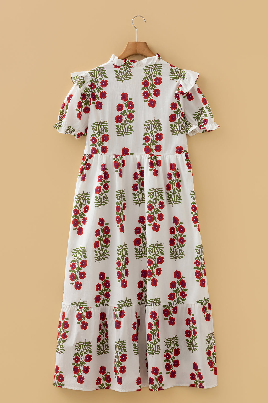 White floral midi dress with red and green flower pattern, short ruffle sleeves