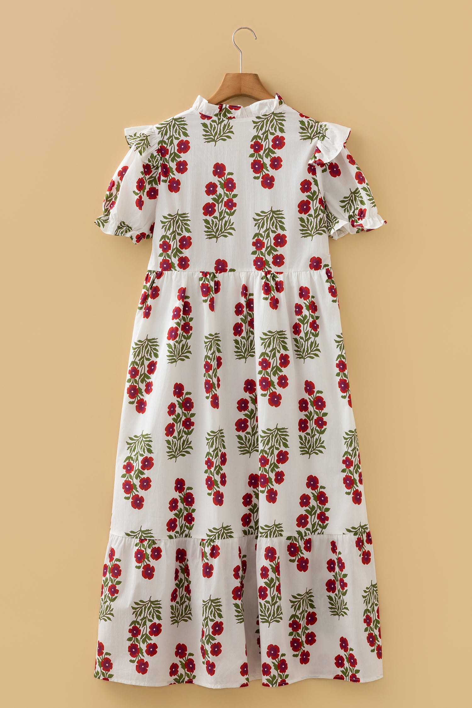 White floral midi dress with red and green flower pattern, short ruffle sleeves