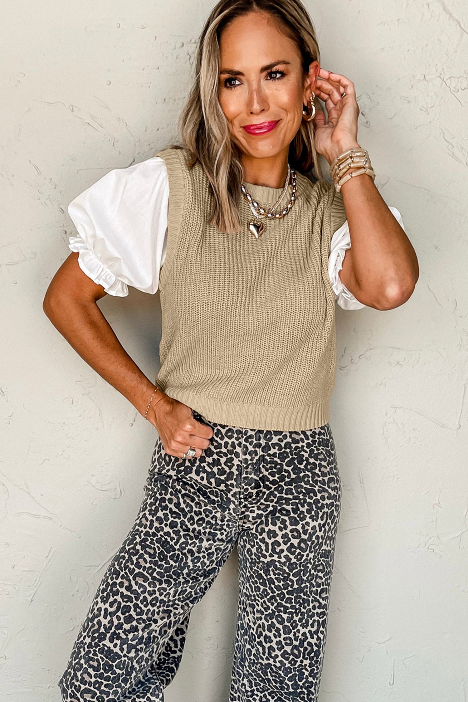 Плетена блуза тип пуловер с контрастни ръкави