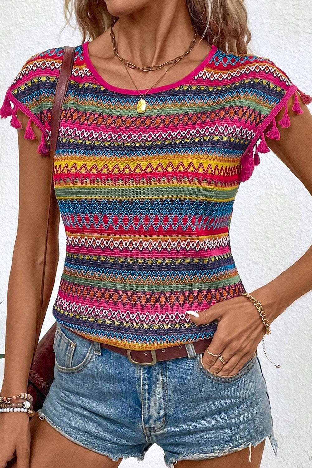 Blouse with ethnic print and short sleeves with tassels 