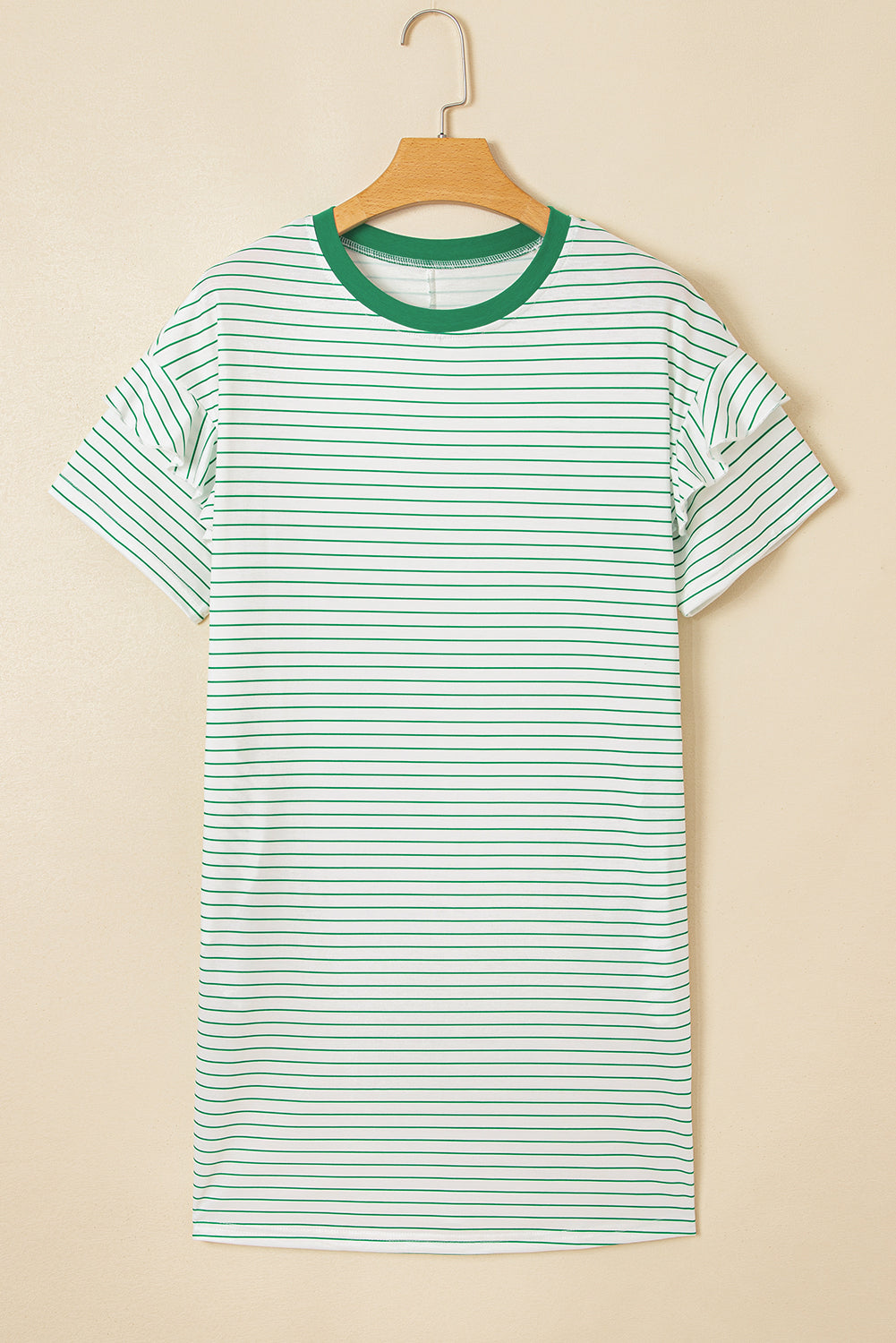 White and green striped short sleeve t-shirt with green crew neck on hanger