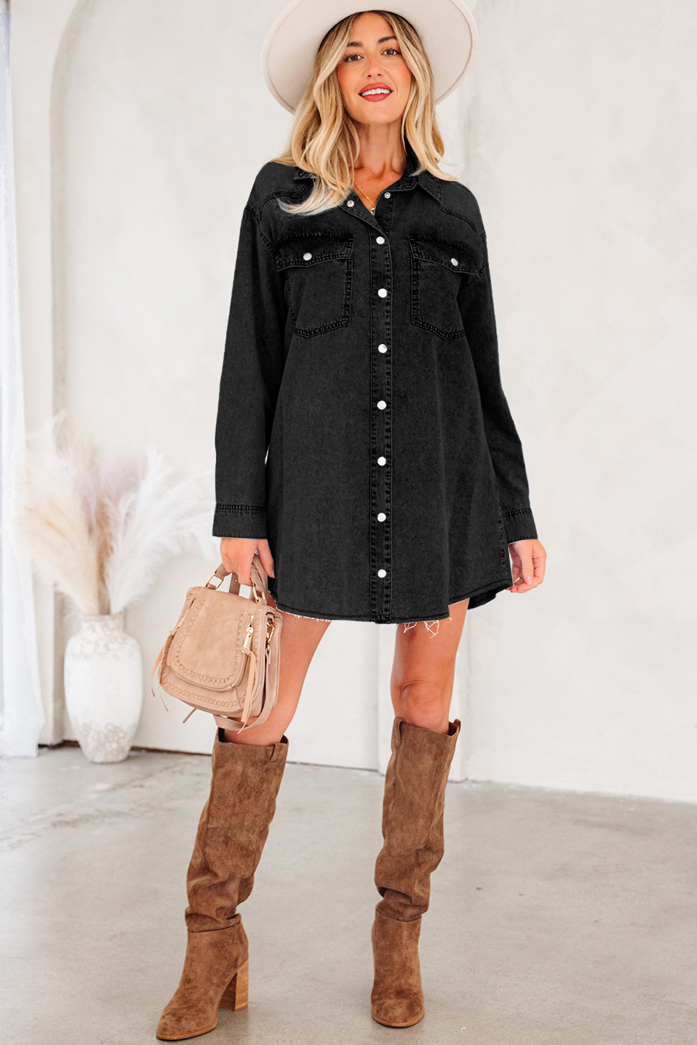 Dark gray denim shirt dress - Casual style for fall
