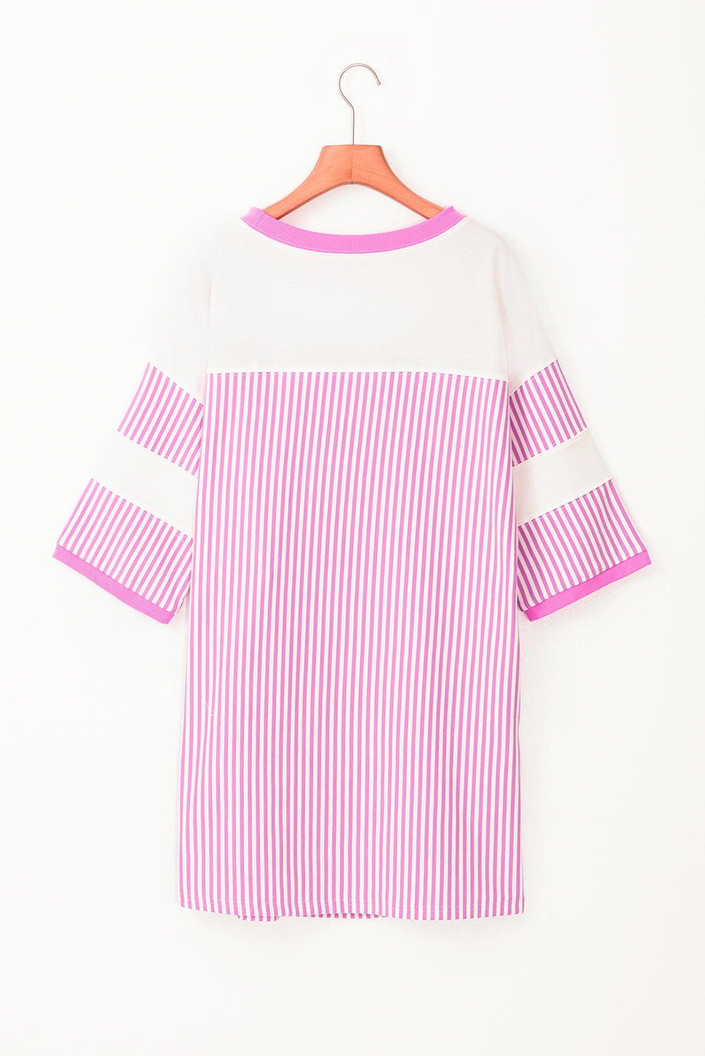 Back view of a white and pink striped women's t-shirt with half sleeves on hanger