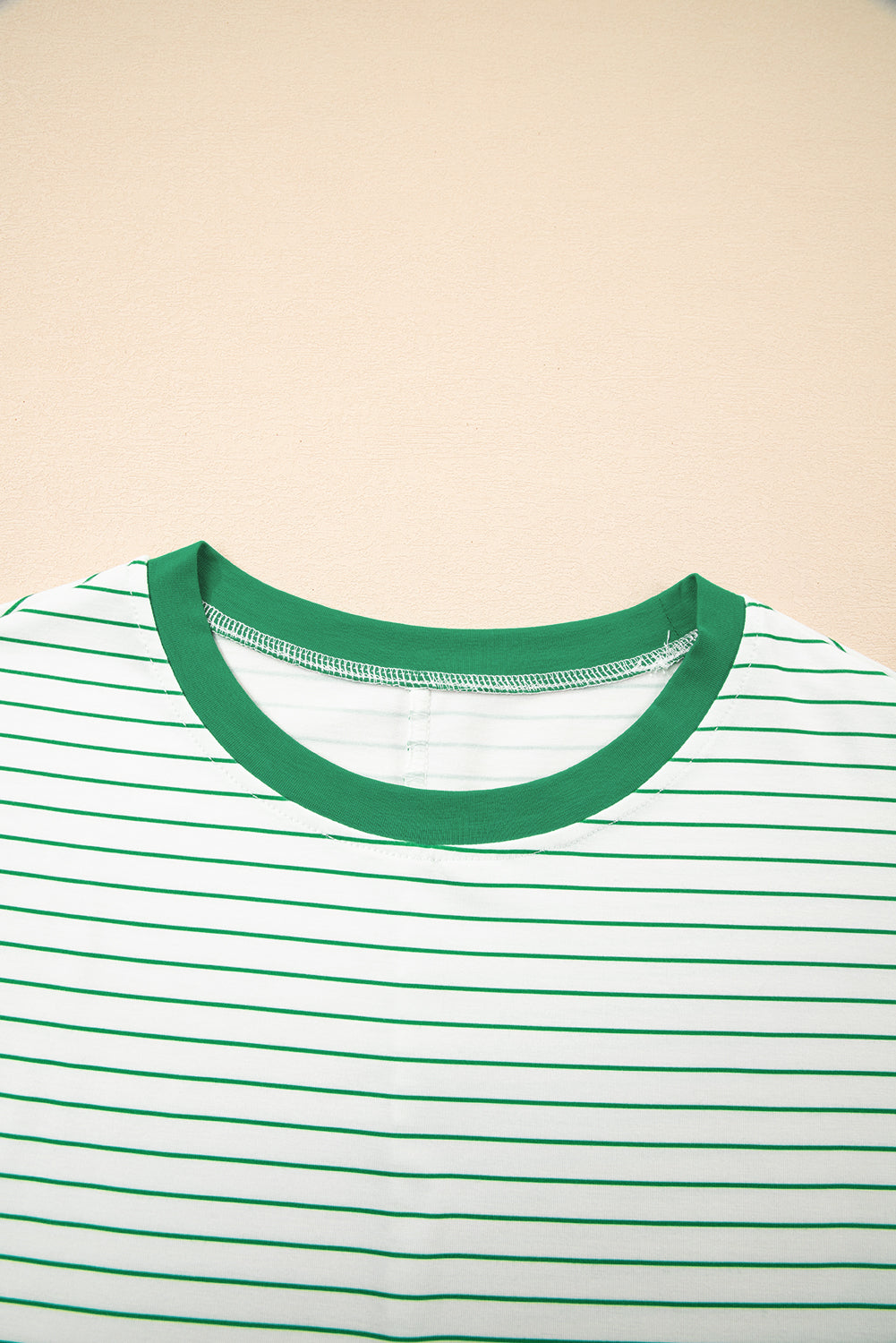 White t-shirt with green horizontal stripes and green crew neckline