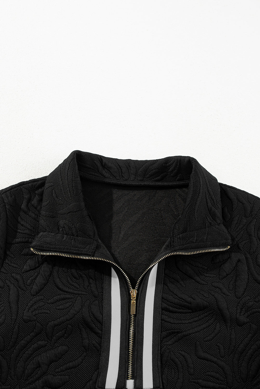 Black textured zip-up jacket with raised leaf pattern and white stripe detail on collar